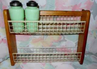 Vintage spice rack natural wood & wire basket kitchen organizer 