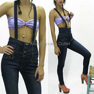   High Waisted Skinny Suspender Jeans Sailor Waist Button Overall Denim