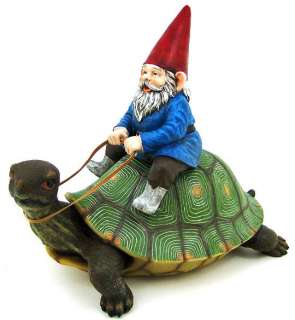 Large Garden Gnome Riding Turtle Statue Patio Pool  