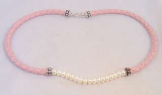 HONORA PALE PINK LEATHER STERLING & PEARL NECKLACE NEW  