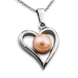    Stainless Steel Orange Faux Pearl Open Heart Necklace Jewelry