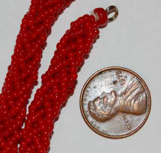 VINTAGE RED GLASS SEED BEAD NECKLACE ITALY SMOOTH ROPE  