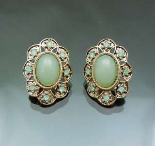   Antique Darken Gold GP Oval Opal Jade Swarovski crystal Earrings 3cm