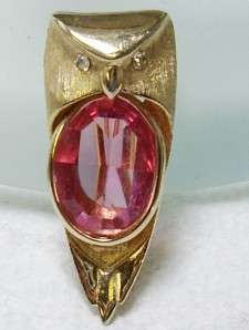 Vintage Gold Tone Pink Glass Jelly Belly OWL Pin Brooch  