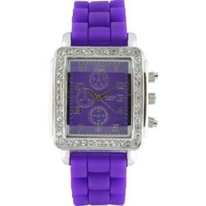  Geneva Purple Rectangle Face Silicone Watch with Crystal 