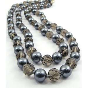   Long Dark Silver Glass Beads and Glass Pearl Necklace 