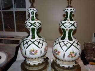   Bohemian Cased Green Glass Lamp Green Floral Large Great Finial  
