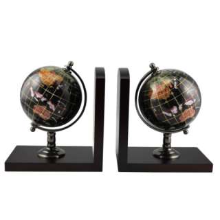 Black & Polished Stone Globe Bookends w Wood Stand New 088235969354 