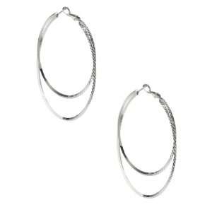  G by GUESS Double Diamond Cut Hoop Earrings, SILVER 