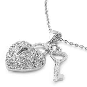   Sterling Silver CZ Heart and Key Pendant Necklace 16 Chain Jewelry