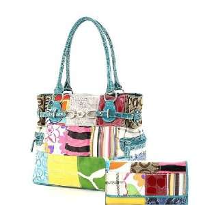   Animal Jacquard Patchwork Handbag & Wallet TEAL/Blue 