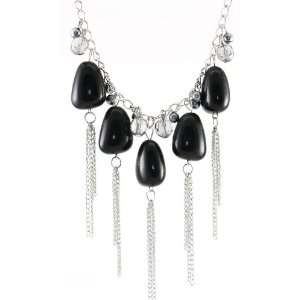 Black Onyx Pearl and Beads Simulated Chain Drop Necklace and Earrings 