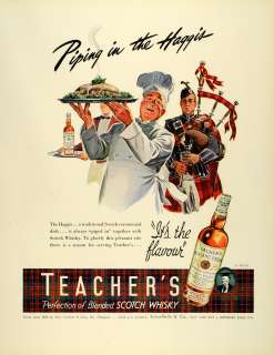 1942 Ad Teachers Highland Cream Scotch Whisky Scottish Bagpipes Haggis 