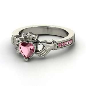    Claddagh Ring, Heart Rhodolite Garnet 14K White Gold Ring Jewelry