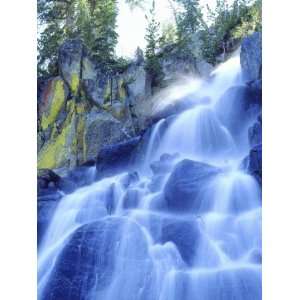 Waterfall Cascades Past Lichen Covered Rocks, Sierra Nevada Mountains 