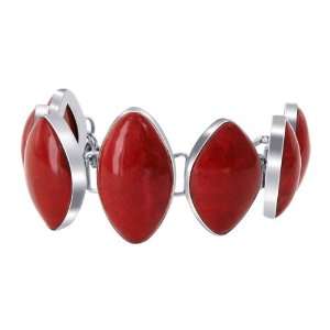 925 Sterling Silver Linked 18mm x 32mm Marquise Red Coral 7 Bracelet 