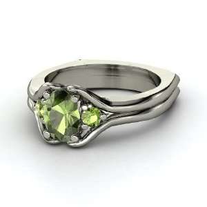   Three Stone Ring, Oval Green Tourmaline Sterling Silver Ring Jewelry